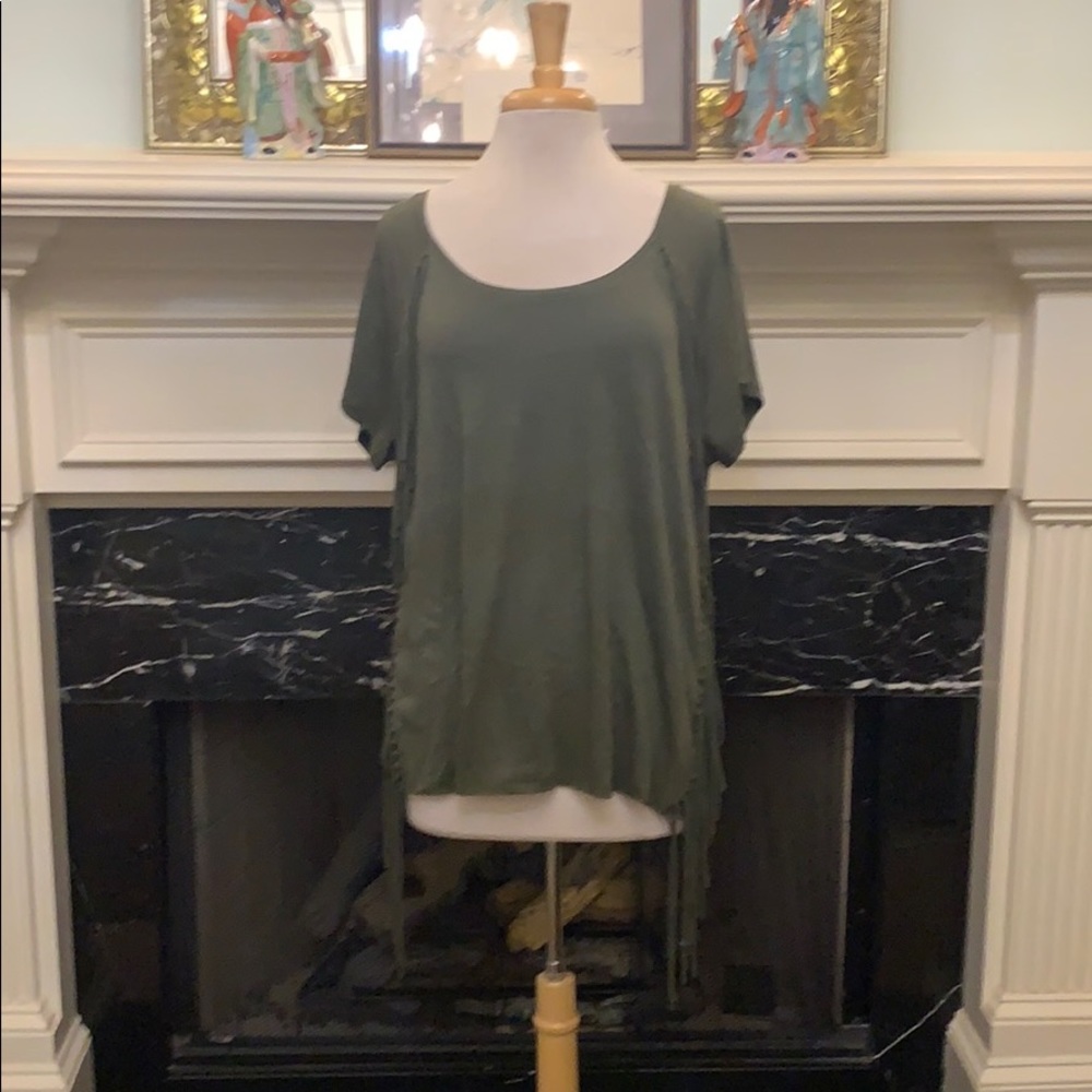 ANA olive drab t-shirt top with fringe trim